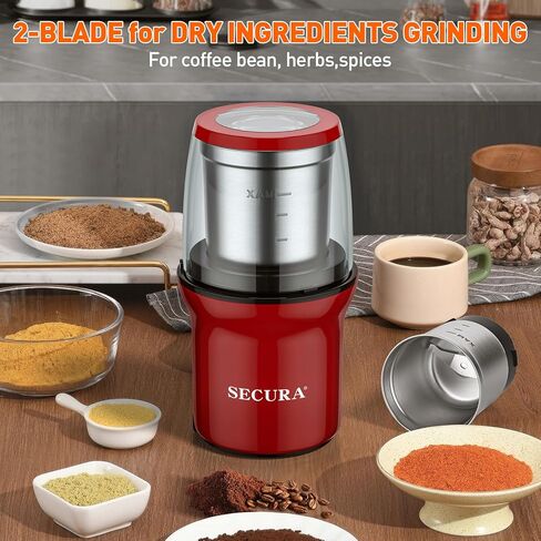 طاحونة القهوة الكهربائية Secura وتوابل مع 2 شفرات من الفولاذ المقاوم للصدأ الأوعية القابلة للإزالة ، الأحمر in Kuwait