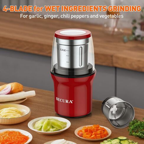 طاحونة القهوة الكهربائية Secura وتوابل مع 2 شفرات من الفولاذ المقاوم للصدأ الأوعية القابلة للإزالة ، الأحمر in Kuwait