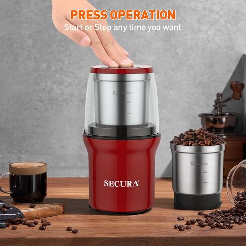طاحونة القهوة الكهربائية Secura وتوابل مع 2 شفرات من الفولاذ المقاوم للصدأ الأوعية القابلة للإزالة ، الأحمر in Kuwait