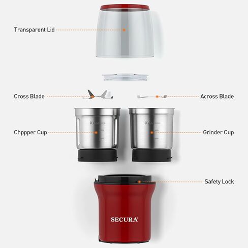 طاحونة القهوة الكهربائية Secura وتوابل مع 2 شفرات من الفولاذ المقاوم للصدأ الأوعية القابلة للإزالة ، الأحمر in Kuwait