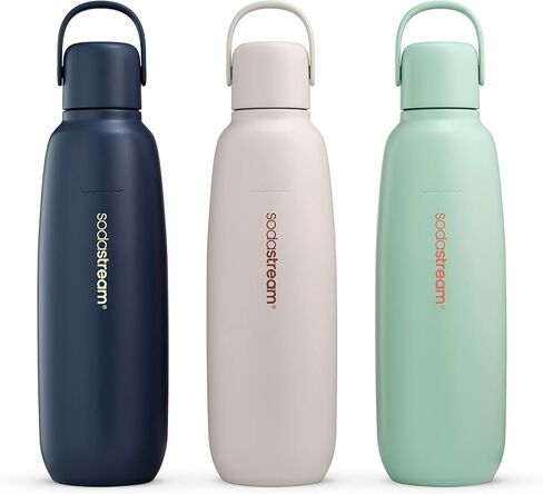 Sodastream - Fizz & Go Cool Bottle | زجاجة مياه كربونية من الفولاذ المقاوم للصدأ | يحافظ على المشروبات الباردة 12 ساعة | حامل كوب ودود | متوافق مع آلات أسطوانات CO2 الوردي | لون العاصفة | 30.4 أوقية in Kuwait