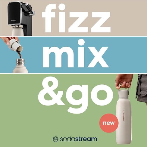 Sodastream - Fizz & Go Cool Bottle | زجاجة مياه كربونية من الفولاذ المقاوم للصدأ | يحافظ على المشروبات الباردة 12 ساعة | حامل كوب ودود | متوافق مع آلات أسطوانات CO2 الوردي | لون العاصفة | 30.4 أوقية in Kuwait