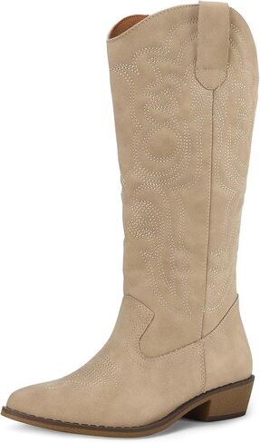 mysoft Women's Cowboy Boots Mid Calf Cowgirl Boots Embroidered Western Pointed Toe Chunky Heel Pull On Knee High Boots in Kuwait