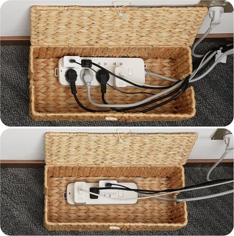 Posprica Cable Management Box with Lid, 2 Pack Handwoven Water Hyacinth Cord Hider Organizer Boxes, 2 Side Open Slots Storage Box to Hide Cords and Power Strip for Desk, Floor, Office in Kuwait