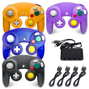 4 Pack Gamecube Controller, with 4 Extension Cables and 4-Port USB Adapter for Switch PC Wii U Console(Black, Purple, Blue, Orange)