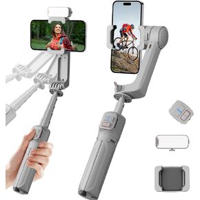 27" Foldable Gimbal Stabilizer Portable Built-in Extension Rod & Tripod, X2 Axis Gimbal Selfie Stick with Light for Video Recording Vlogging YouTube TikTok iPhone Android Smartphone (White)