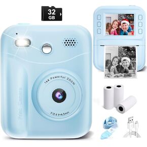 MiniBear Kids Camera Print Instant ، 48 ميجابكسل ، كاميرا طباعة فورية للأطفال 1080 بكسل ، كاميرا فيديو رقمية ، هدايا عيد ميلاد عيد الميلاد 3 4 5 6 7 8 9 9 سنوات ، وورقة طباعة ، وورقة زرقاء ، وأزرق ،