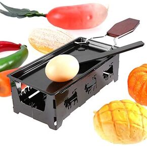 Non-Stick Cheese Raclette, Rotaster Baking Tray, Stove Set Carbon Steel with Wodd Handle Grilling Tool, Heat with Candles and the Cheese Evenly