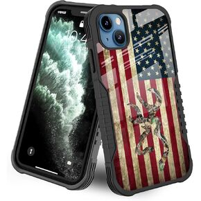 LANJINDENG Compatible with iPhone 14/13 Case Camo Deer Leaf American Flag Design for Men [Shockproof Bumper] [Anti-Scratch] [Anti-Slip] Heavy Duty Protection Cover - Camouflage Flag