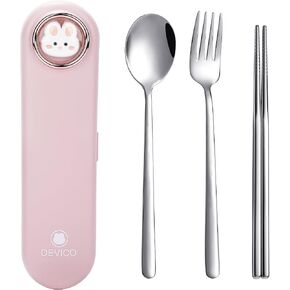 DEVICO Travel Utensils with Case Cute, Reusable Silverware for Lunch, Portable Cutlery Set, 18/8 Stainless Steel Fork Spoon Chopsticks in Cartoon Case, Dishwasher Safe (Light Yellow)