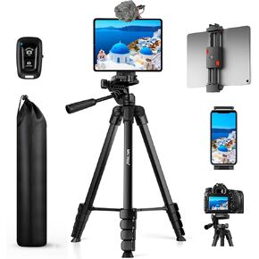 67" Phone Tripod, MACTREM Tripod Stand for iPad iPhone Tablet Camera with 2 in 1 Mount & Wireless Remote, Aluminum Extendable iPhone Tripod for Video Recording/Selfies/Live Stream/Vlogging