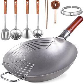 Carbon Steel Wok Traditional Hand Hammered Wok - 13.4" Chinese Wok Round Bottom Wok Pan Set with 8 Pcs Cookware Accessories