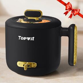 Topwit Hot Pot Electric with Steamer, 1.8L Electric Pot for Cooking, Rapid Ramen Cooker, Portable Hotpot Pot Electric for Steak, Egg, Soup, Noodle with Power Adjustment, Dorm Room Essential, Black