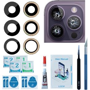 OEM Rear Camera Lens Glass Replacement with Adhesive Pre-Installed Compatible for iPhone 14 Pro / 14 Pro Max (3 Pieces/Set) with Repair Tools and Installation Manual