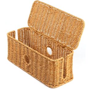 Rattan Cable Management Box Handwoven Cord Organizer Box, 4 Open Slots Cords Hider Box Under Desk Cable Management Suitable for TV Cables Computers Routers Power Cords to Hide and Organize