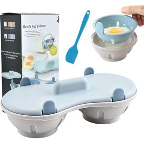 Egg Poacher Microwave Egg Cooker,2-Cavity Microwave Egg Cooker,Egg Maker Poached Egg Steamer with shovel Kitchen Gadget,Stylish Light Blue 2-Cavity Microwave Egg Cooker