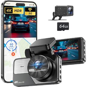 Dash Cam Front and Rear, 4K+2K Full HD Dual Dash Camera for Cars, Built-in 5G WiFi with 64GB Caad, GPS, Car Camera with 3" IPS Screen, UHD 2160P Night Vision,App Control,HDR,24H Parking Momitor
