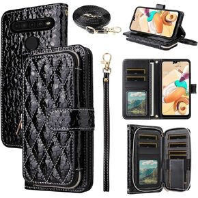 Argyle Wallet Case for LG K61/Q61/K51S/K41S with Crossbody/Wrist Strap Lanyard Luxury PU Leather Kickstand Zipper Purse Shockproof Card Holder Cell Phone Cover for K 61 51S 41S Women Men Black