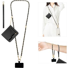 Clip and Go Strap for Phone with RFID Leather Wallet Crossbody Adjustable Cell Phone Strap with Zippered Pouch Hands-Free Anti Theft Cellphone Chain Lanyard Accessories, Black Gold