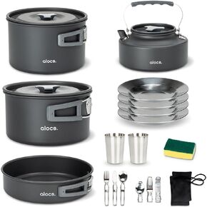 Alocs 17pcs Camping Cookware Camp Kitchen Set with Kettle, Aluminum Camping Cooking Set Backpacking Gear for Hiking,Traveling,Climbing and Picnic