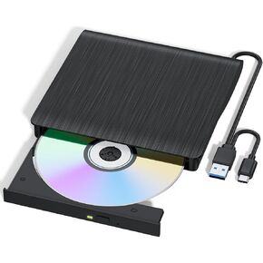 External CD/DVD Drive for Laptop, USB 3.0 & Type-C CD Burner, Portable DVD Player, Slim External Optical Drive Compatible with Windows, Mac, Linux OS (2 in 1 USB A&C)