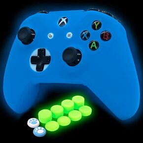 Blue Silicone Cover Skin for Xbox One S/X Controller Glow in The Dark Anti-Slip Soft Rubber Case Protector Accessories Set with 8 Glow in The Dark Thumb Grips Caps + 2 Cute Cat Paw Caps.