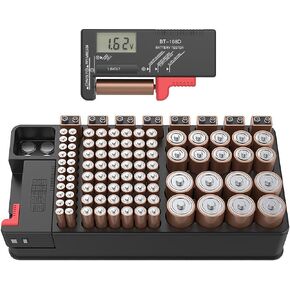 Battery Organizer Storage case with tester can hold 110 battery Various Sizes for AAA, AA, 9V, C and D size and Digital Battery Tester