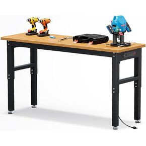 60" Heavy Duty Workbench with Wheels, Max. 2200 LBS Capacity Adjustable Height Solid Wood Work Bench Table, Work Bench Station for Garage, Shop, Home, Office