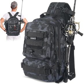 Fishing Backpack Sling Bag, Tackle Box Backpack with Rod & Gear Holder, Equipment-Fishing Gift for Men Women, Outdoor Fishing Tackle Bag also for Hiking, Hunting, Camping, Camouflage