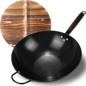 Carbon Steel Wok Pan 14.17inch Large Stir Fry Pans with Wooden Lid Cookwares Nonstick Wok No Chemical Coated Chinese Wok for Induction, Electric, Gas Stoves