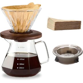 Pour Over Coffee Maker, 20 oz Borosilicate Glass Carafe with 100 pcs Size 02 Paper Filter, Walnut Handle & Glass Lid, 600 ml, Clear