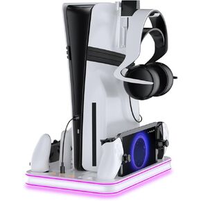 PS5 Cooling Stand and Charging Station with Dual Controller Dock, Magnetic PS Portal Charger, Compatible with PS5, PS5 Slim, PS5 Pro & Digital Editions, RGB Lighting & Space-Saving Design – White