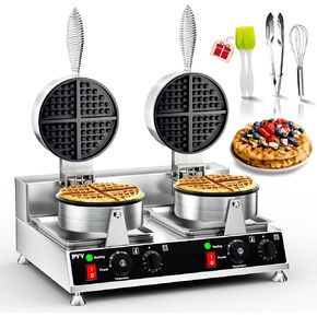 PYY Commercial Waffle Maker - Double Waffle Maker Large, Stainless Steel Electric Waffle Maker Non-stick for Party Food Stall,Restaurant, Silver