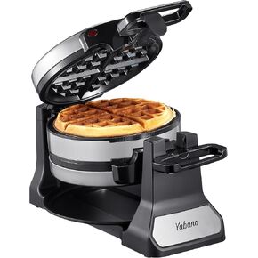 Belgian Waffle Maker, Classic Rotating Waffle Iron with Nonstick Plates, Removable Drip Tray and Cool Touch Handles, Double Flip Waffle, Rotating Belgium Waflera Maker by Yabano, Brushed Stainless