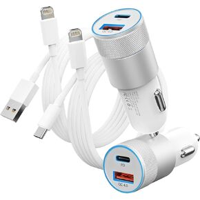 Fast Car Charger and Carplay Cable, 48W Dual Port USB A and USB C Car Charger Adapter with 2Pack High Speed Charging L ightning Cable for i Phone 14/14 Plus/14 Pro Max/14 Mini/11/SE/X, i Pad and More