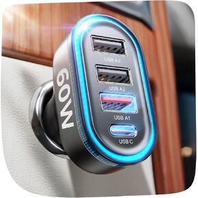Car Charger Adapter Fast Charging，LISEN 60W Car USB Charger Multi Port,USB Car Charger Adapter Outlet,PD&QC3.0 Cigarette Lighter USB Charger for iPhone 16/15/14/13/12,Samsung Galaxy S25 Ultra,Pixel