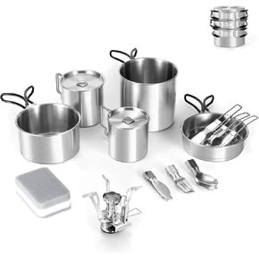Odoland 13pcs Stainless Steel Camping Cookware Camping Pots and Pan Set with Portable Camping Stove Camping Mess Kit with Cups Forks Knives Spoons for Hiking Backpacking and Picnic