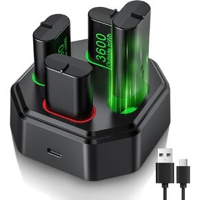 Rechargeable Battery Pack for Xbox One Controller Charger with Upgraded Version 4x3600mWh Batteries, Compatible with Xbox Series X/S, Xbox One S/X/Elite, Witch Fast Charging Station, Type-C Cable