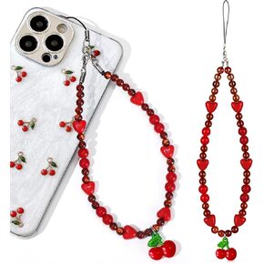 Phone Charms-1PC Red Cherry Charm Strap Universal Cellphone Lanyard Wrist Strap Dark Beaded Smartphone Chain String for Phone Case Women Bag