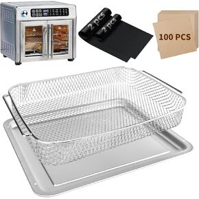 Air Fryer Accessories for Emeril Lagasse 26 Qt Extra Large, Emeril Lagasse Air Fryer Basket and Pans for Oven with 100Pcs Disposable Parchment Paper, 4Pcs Reusable Teflon Mat