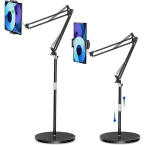 Tablet Floor Stand with 11.5b Stable Base Overhead Bed Tablet Phone Stand Holder Mount Adjustable Height Stretchable Arm for 4.5-13in iPad Pro Air Mini 12.9/9.7, Kindle, Galaxy Tab, CellPhones
