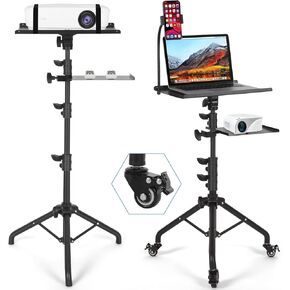 Projector Stand with Wheels, Laptop Tripod Stand with Phone Holder, Rolling Laptop Tripod with Mouse Tray, Adjustable & Portable Tripod for Sheet Music, DJ