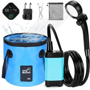 Portable Shower for Camping with 20L / 5.28 Gallons Foldable Bucket, 7800mAh Rechargeable Shower Pump, Outdoor Shower Kit with Digital Display for Hiking, Travel, Car, Pet