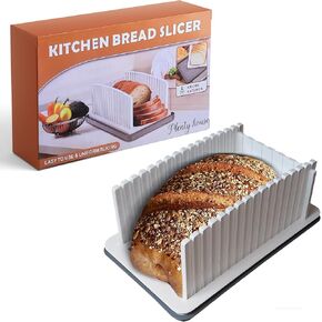 PLENTY HOUSE. Bread slicer for homemade bread. Manual bread slicing guide with adjustable with adjustable width, foldable, compact and with crumb tray. Ideal for sourdough bread, baguettes and bagels.