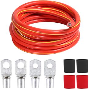 4 Gauge Battery Power & Ground Cable (Red, 12 Feet) for Automtoive, Marine, Solar, ATV, Marine Wiring, 4 AWG Stranded CCA Inverter Wire with M6 & M8 Cable Lugs and Shrinkable Tubes