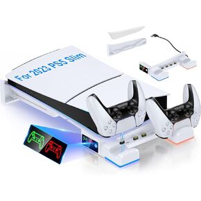Horizontal Stand for 2023 PS5 Slim Console & PS5 Pro, Dual Controller Charger for PS5 with LED Indicator, LED Ambient Light, for PS5 Slim Disc & Digital (NOT Fit 2020 PS5)