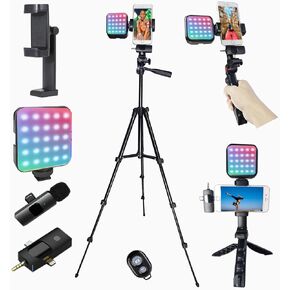 Vlogging Kit for iPhone, Vlogging Kit for Andriod Phone, Vlogging Camera Kit with RotatableHolder/Lavalier Mic/RGB Light/Remote/Extendable Tripod (50IN Tripod)
