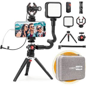 Smartphone Video Vlogging Kit Metal Microphone Light Tiktok YouTube Podcast Equipment for iPhone 15/14/13 Mini/Pro/Max, Android Smartphone (V-Master)