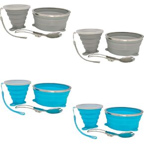 Mess Kit for Camping Silicone Collapsible Bowl Collapsible Cup and Stainless Steel Spoon for Backpacking Outdoor Hiking Traveling and Picnic - 4 Pack