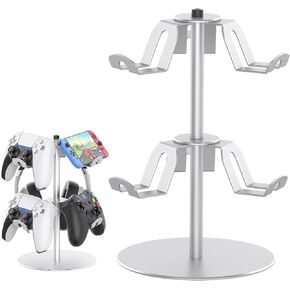 Controller Stand Compatible with Xbox PS5 PS4 Nintendo Switch, 2 Tiers Aluminum Headset Holder, Gaming Headphone and Controller Holder Organizer Rack, Universal & Stable (Silver)